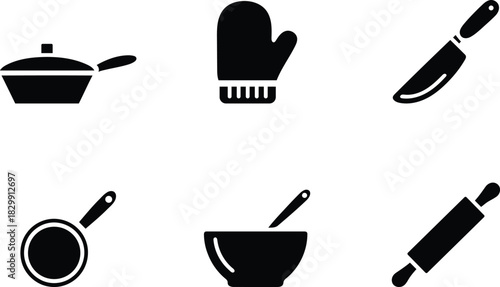 Kitchen Utensils Black Silhouette Set Cookware and Baking Tools Isolated Design