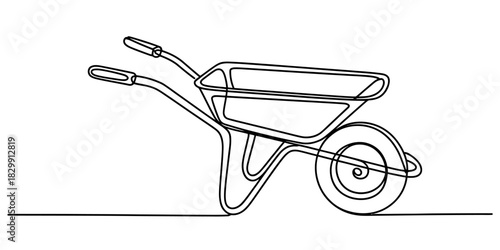 A continuous line art drawing of a versatile garden wheelbarrow, an essential tool for construction, farming, and various landscaping tasks. Vector, illustration