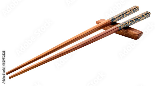 Elegant wooden chopsticks with decorative tips on a rest isolated on transparent background