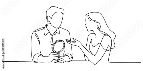 Continuous line drawing of a man with a magnifying glass and a woman in discussion, representing detailed investigation, analysis, and problem-solving. Vector, illustration
