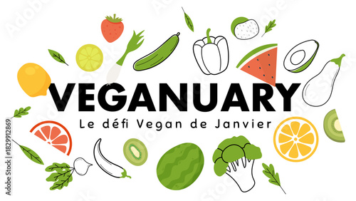 Illustration Veganuary avec fruits et légumes, message défi vegan de janvier. Design moderne pour réseaux sociaux, alimentation végétale, campagne healthy et durable.