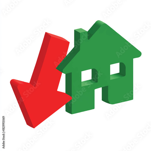 Declining Real Estate Market with Green House and Red Arrow Symbol