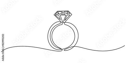 Continuous one line art drawing of a diamond engagement ring, simple elegant minimalist icon for wedding, jewelry, love, and proposal. Vector, illustration