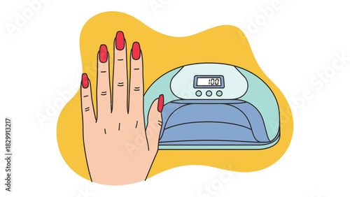 Vector illustration of a hand with red manicure using a professional UV LED nail lamp