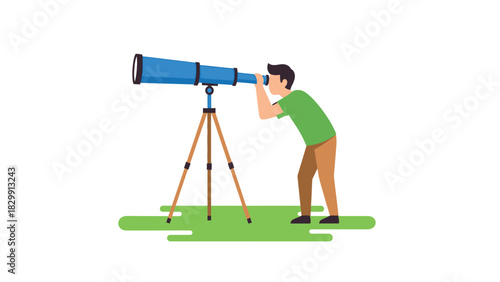 Man Looking Through Telescope Flat Vector Illustration