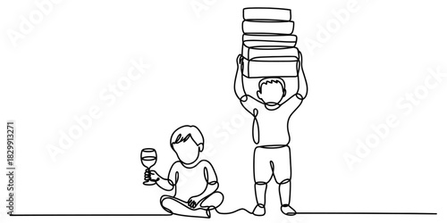 Continuous line drawing of two figures representing life's crucial balance: one carrying a book stack, another enjoying wine. Vector, illustration