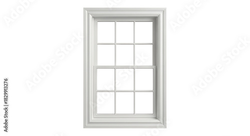 Classic White Single-Hung Window with Grilles, Architectural Double-Hung Window Design, Traditional Vertical Sash Window Frame, Residential Vinyl Replacement Window, Interior Exterior Casement Window 