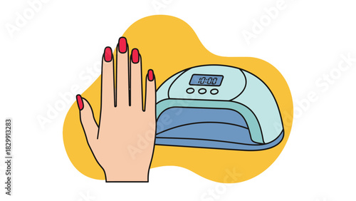 Vector Illustration of Hand with Red Manicure Next to UV LED Nail Lamp Dryer