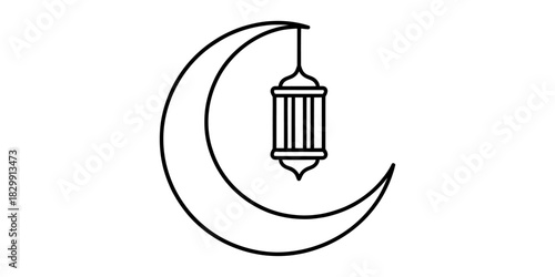 Crescent moon with hanging arabic lantern outline illustration, symbolizing ramadan kareem, eid al-fitr, muslim holiday and islamic culture Vector, illustration