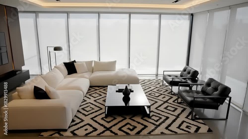 Spacious, contemporary living room with floor-to-ceiling windows, bright natural light, and a minimalist design featuring a large white modular sofa and black leather chairs.