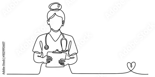 Continuous line art drawing of a female medical professional, a doctor or nurse, holding a clipboard and wearing a stethoscope. health and care. Vector, illustration