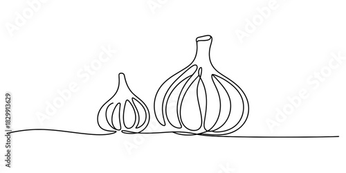 Continuous line drawing of two different sized garlic bulbs on a clean white background. minimalist artistic illustration for culinary design. Vector, illustration