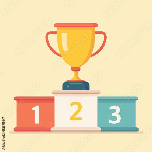Gold trophy on winners podium with numbers one two and three