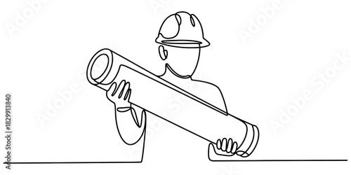 Continuous line drawing of a construction worker in a hard hat, holding a rolled blueprint, symbolizing architecture, engineering, and planning. Vector, illustration