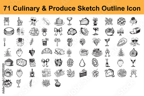 Culinary and produce sketch outline icon set featuring various gourmet food items and ingredients in detailed hand drawn style collection