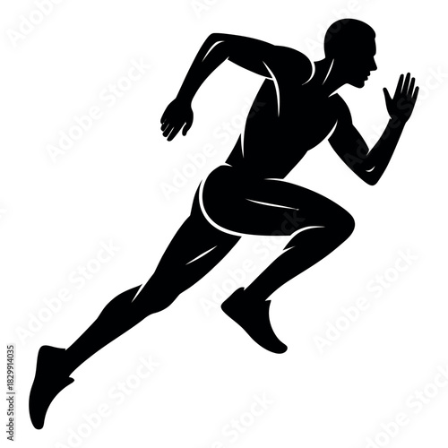 Dynamic silhouette of a muscular male athlete in full sprint motion against a white background