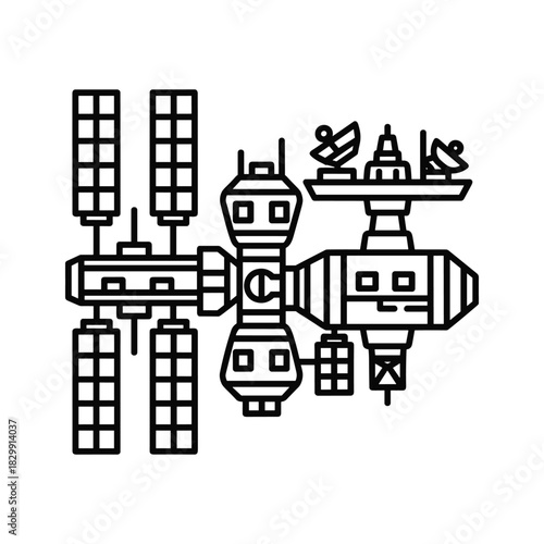 Space Station Line Art Icon - Orbital Research Laboratory Vector Illustration
