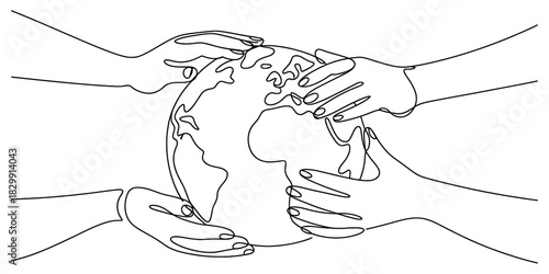 Continuous line art drawing illustrating multiple human hands embracing and safeguarding the earth globe, representing global unity and protection. Vector, illustration