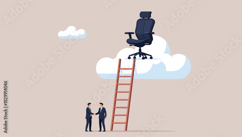 Career ladder concept, metaphor for ambitious professional ascent and job promotion agreement, vector illustration of businessmen shaking hands near a cloud office chair.