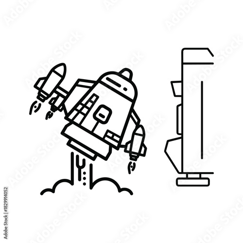 Outline Icon of a Space Rocket Launching with Exhaust and Launchpad Tower