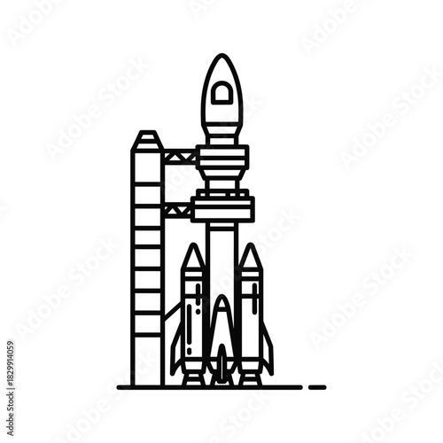 Space Rocket Launch System with Boosters and Tower Line Art Icon