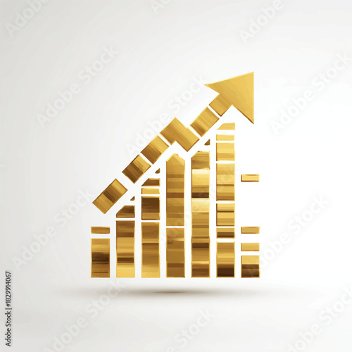 Golden Growth Chart with Arrow Pointing Upwards on White Background