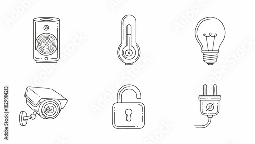 A hand-drawn collection of line art icons representing smart home automation essentials, including security camera, smart lock, speaker, and lighting