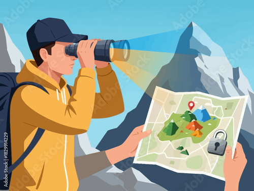 Man with binoculars searching for a secret location marked on a secure map.