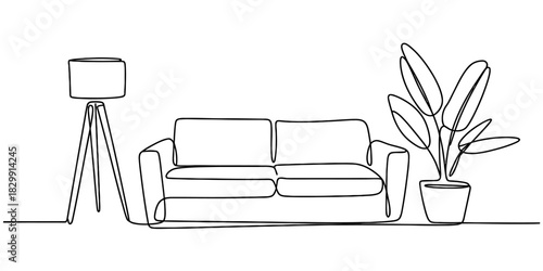 Continuous line art of a modern living room interior with a comfortable sofa, elegant floor lamp, and potted houseplant, minimalist design. Vector, illustration