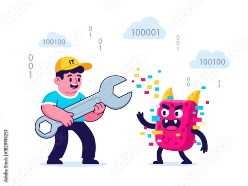 Smiling IT technician with a wrench fighting an aggressive, pixelated computer virus monster.
