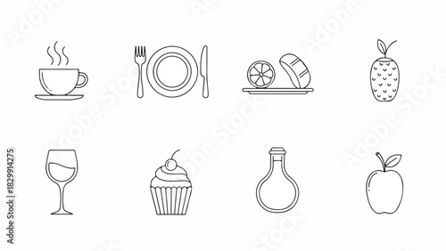 Stylish vector line icons illustrating a diverse range of food and drink items, from hot beverages and full meals to fresh fruit, desserts, and wine