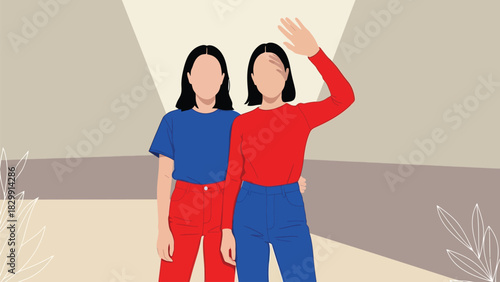 Minimalist Vector Illustration of Two Young Women in Contrasting Red and Blue Outfits Waving