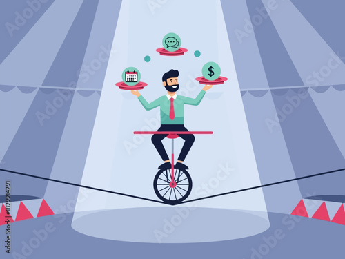A stylized businessman on a unicycle balancing diverse business priorities on a tightrope.