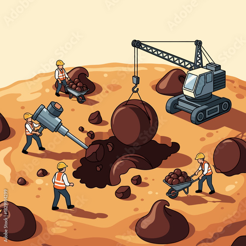 Miniature workers excavating large chocolate chips from a giant cookie dough surface using construction equipment.