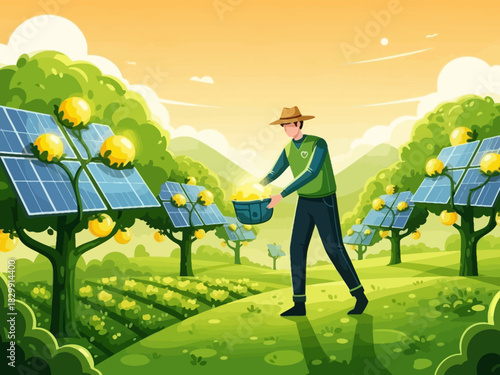 Man harvests glowing yellow energy from solar panels integrated with lush trees.