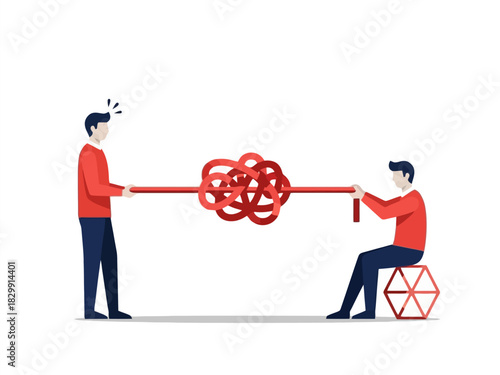 Businessmen struggle with a tangled knot representing complexity and difficult problem solving.