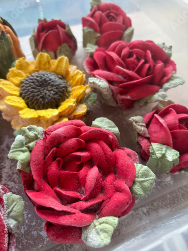 Homemade marshmallow, Marshmallow flowers, Marshmallow roses and sunflower, Top view