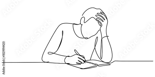 Continuous line drawing of a person feeling stressed while studying or working at a desk, depicting pressure, focus, exhaustion, and thought. Vector, illustration