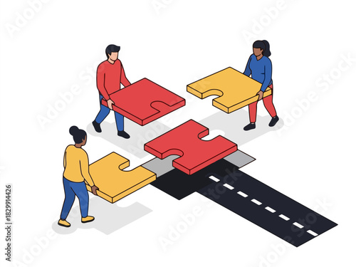 Business team connecting large puzzle pieces to complete a strategic path forward.