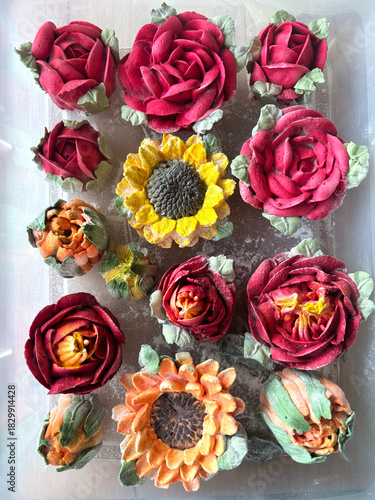 Homemade marshmallow, Marshmallow flowers, Marshmallow roses, tulips and sunflowers, Top view