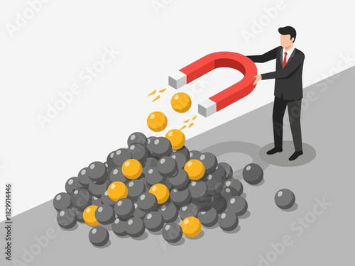 Businessman using a giant magnet to select valuable golden spheres from a pile of gray balls.