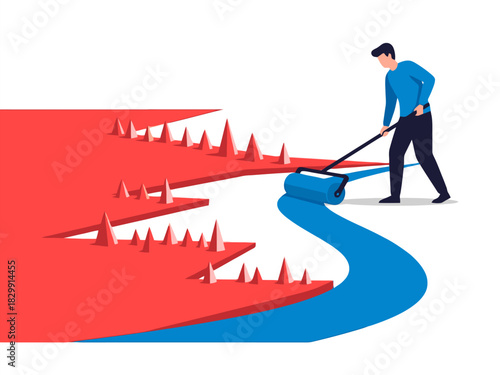 Man rolling a path of safety over sharp red risk obstacles using a large roller.