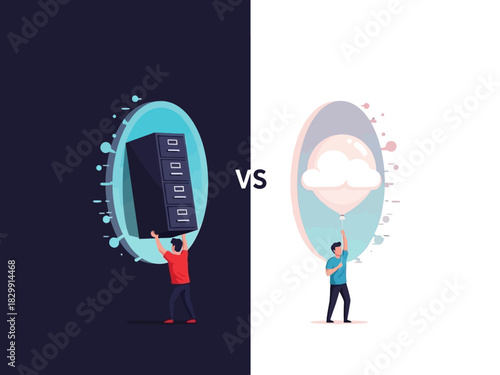 Modern cloud computing versus traditional on-premise data storage solutions comparison illustration.