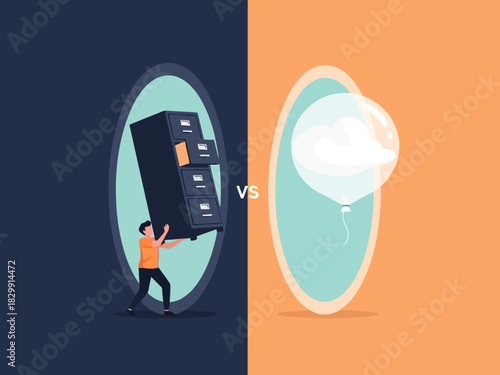 Digital transformation concept illustrating old physical data storage versus modern cloud technology.