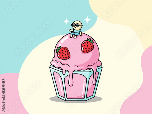 A tiny cartoon character celebrating atop a giant strawberry ice cream sundae in pastel colors.