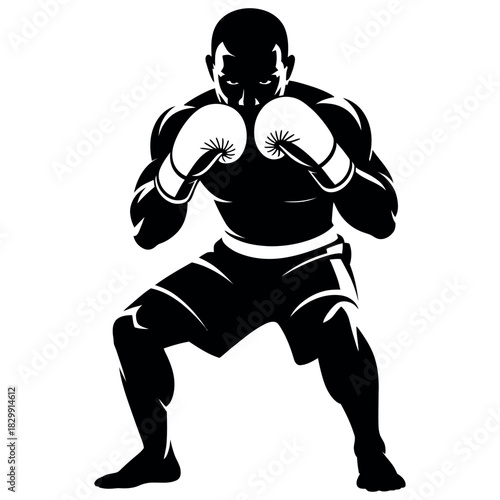 Silhouette of a muscular boxer in a fighting stance ready for combat with gloves on