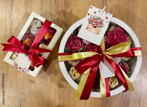 Homemade marshmallow in a hat box and kraft box with transparent lid, tied with ribbons, Marshmallow flowers, tulips and roses, Gift cards and brand tags