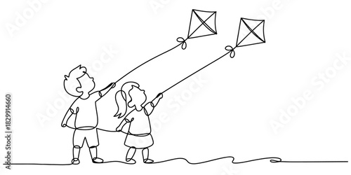Continuous line drawing of two children, a boy and a girl, happily flying two kites against a clear sky, symbolizing childhood joy, freedom Vector, illustration