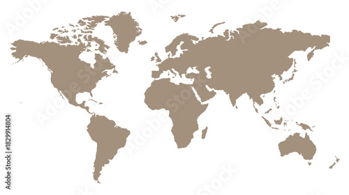 Stylized brown world map silhouette, minimalist earth continent outline, global geographic illustration for travel and educational design