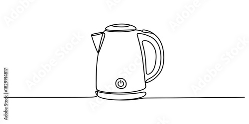 Continuous one line drawing of a modern electric kettle, a common kitchen appliance for boiling water, isolated, minimalist vector design. Vector, illustration